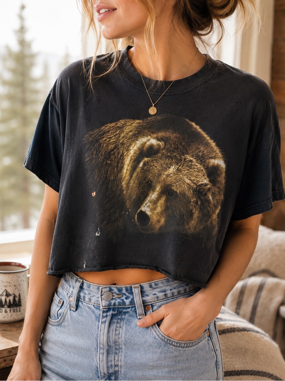 Vintage Bear Graphic Crop Tee XL Distressed Wildlife T-Shirt